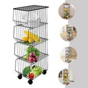 4 Tier Kitchen Storage Cart Pantry Shelves Metal Wire Mesh Baskets Cart With Rolling Wheels Utility Organizer Storage Basket