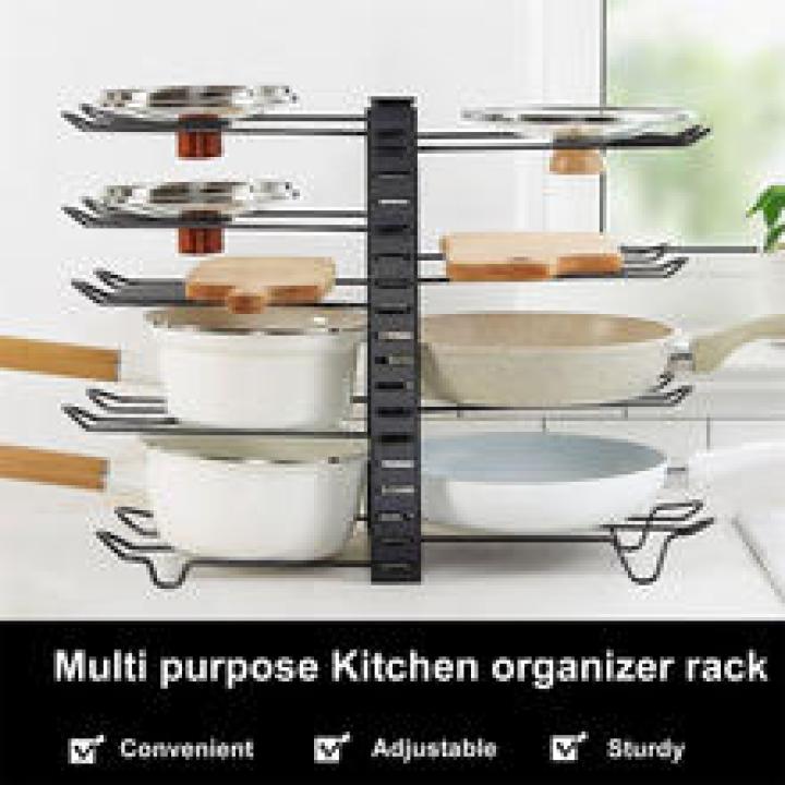 8 Tiers Pan Pot Organizer Rack Multi-layer Iron Wire Bilateral Pot Adjustable Cabinet Pots Lids Storage Rack Kitchen Tool