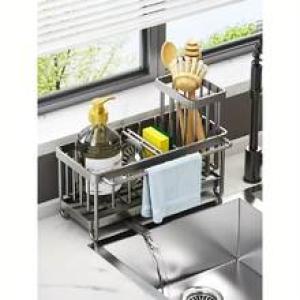 Kitchen Sink Drain Rack with Sponge Holder, Countertop Dish Drying Rack for Faucet, Dishwashing Storage Basket for Soap and Rags